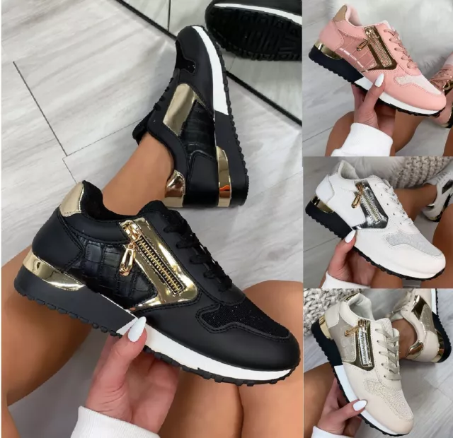 Damen Schnürung Flache Sneakers Klassisch Jogging Reissverschluss Pumps Schuhe Trailer Grösse