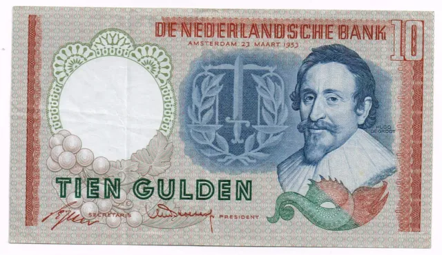 1953 NETHERLANDS 10 GULDEN NOTE - p85 VF+