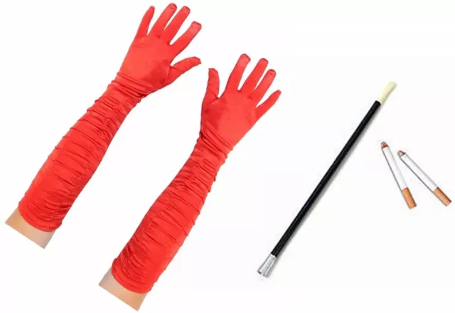 Ladies Dalmatian Red Ruched Gloves Cigarette Holder Fake Halloween Fancy Dress