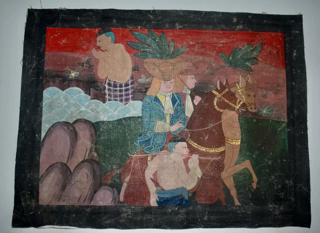 Antique Painting of Western Nobleman on Horseback on Canvas from Thailand