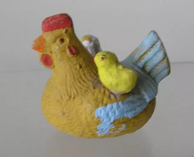 Vintage Chalkware Hen with Chicks Folk ART miniature 2" x 3"