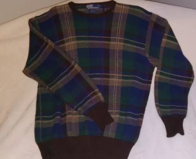 VTG Polo- Ralph Lauren -100% Lambs Wool Green Blue Plaid Sweater Sz Large