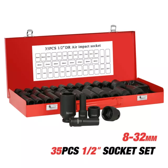 35pcs 1/2' Drive Deep Impact Socket Tool Set Metric Garage Workshop Tools 8-32MM