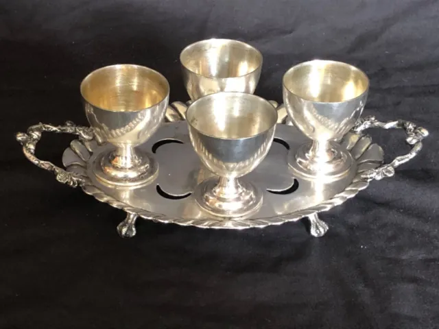 Antique silver plated 4 egg cup tray set claw & Ball Feet
