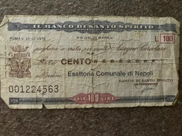 Assegno Circolare Il Banco Di Santo Spirito Roma 100 Lire 1976 Ds