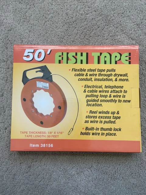 CenTech 50'-Foot Fish Tape Steel Pull Rewind Reel Thumb Lock Wire Cable  NEW