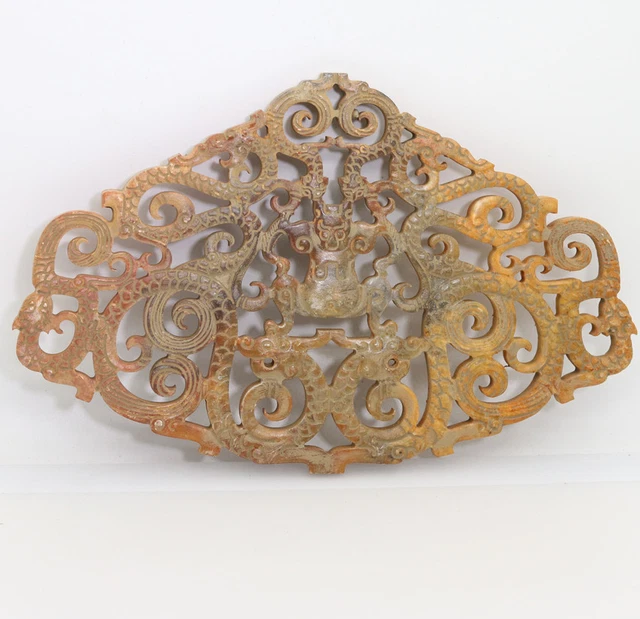 Collectible hand carved jade openwork brown Bi with human coiled Chi dragon D549