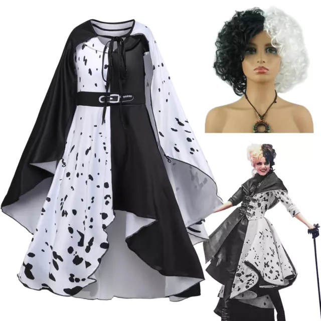 Girls Kids Cruella de Vil Costume Fancy Dress Wig Halloween Cosplay Party Outfit