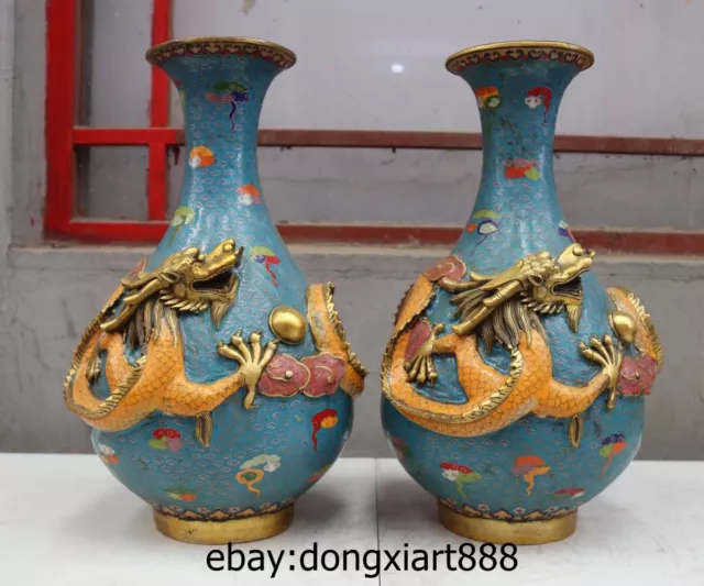 18 Chinese handwork Pure Bronze Blue Cloisonne Dragon Play bead Vase Flower Pot