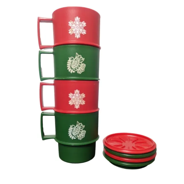Vintage Tupperware Stackable Christmas Coffee Cups Mugs with Coasters, Lids