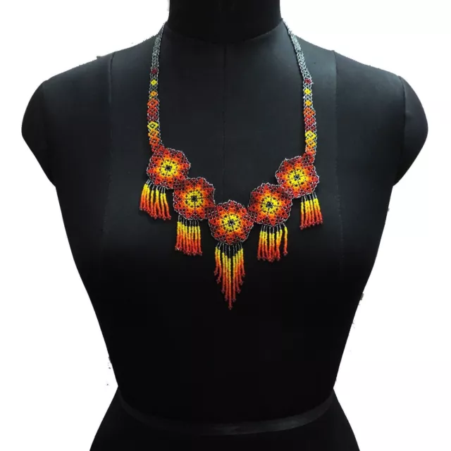 Huichol Indian Beaded Flower Necklace & Earrings Handmade Mexican Folk Art Boho