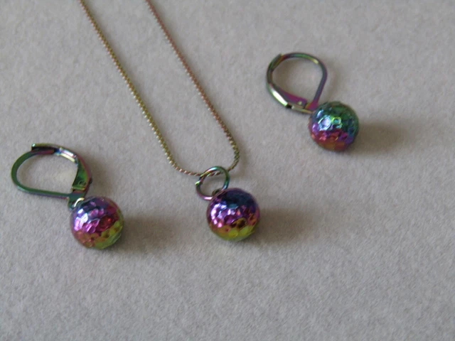 Rainbow Plated Sphere Ball Pendant Necklace & Lever Back Earring Set