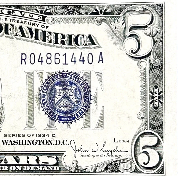 1934 D Five Dollar Bill $5 Silver Certificate Note A UNC to UNC ~ Blue Seal ~ US