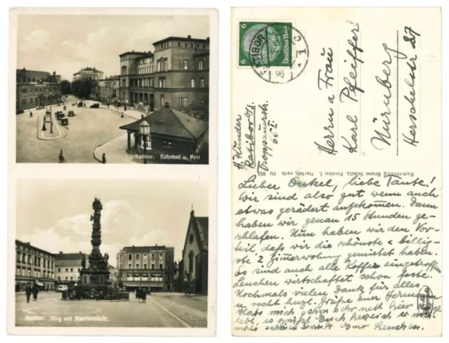 alte Ansichtskarte Ratibor, Bahnhof, Post, von 1935, AK, Schlesien, Dt. Reich