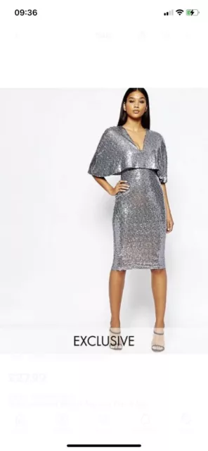 Asos ClubL  Sequin Embellish Cape Sleeve Pewter Silver Evening  Bodycon Dress 12