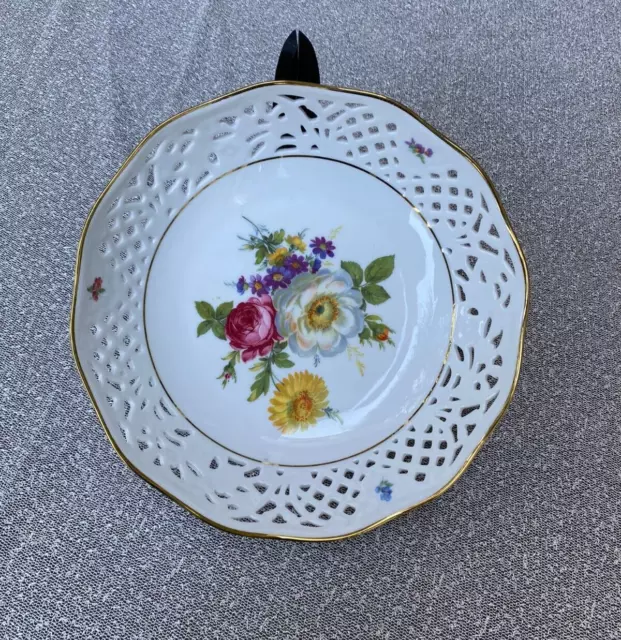 Vintage German Pierced Edged Pattern Reticulated Dish/Bowl Gold Detail w/ Floral