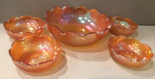 Vintage JEANETTE Crackle Marigold Carnival Glass Scalloped Snack Berry Bowl Set