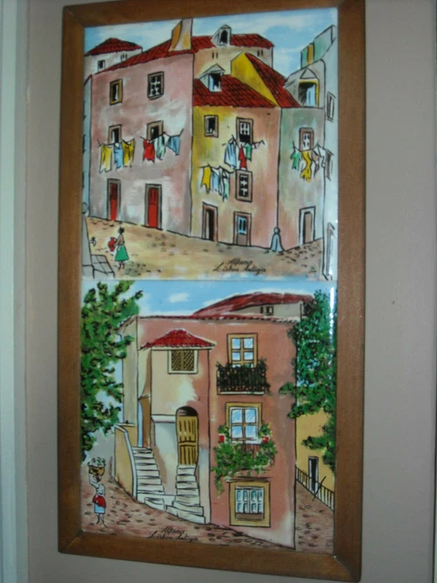 Pair of Decorative 15cm x15cm Framed Ceramic Tiles Alfama Lisboa Antiga Portugal