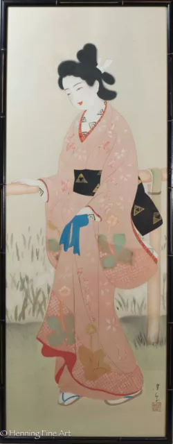 Beautiful Antique Japanese Silk Painting of Geisha in Pink Signed & FINE!