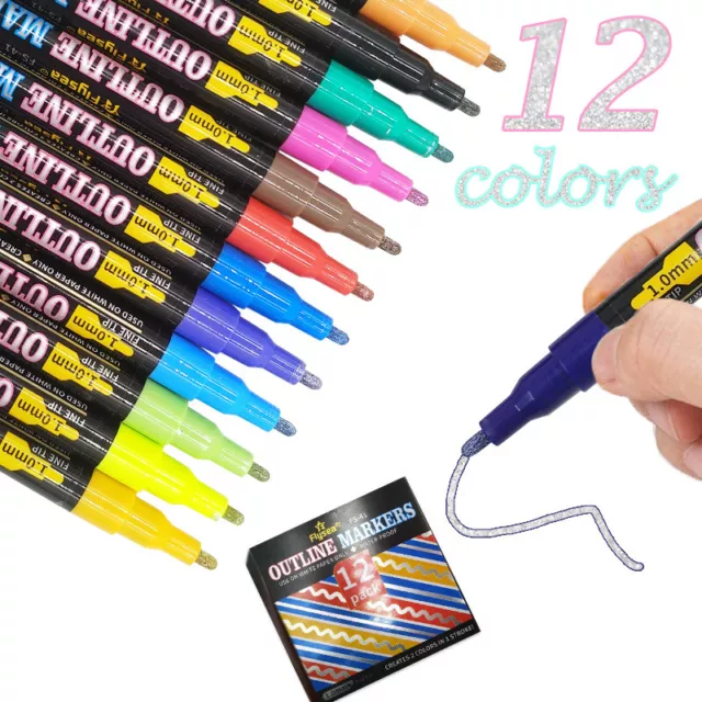 12 Color Doodle Dazzle Shimmer Markers Set Outline Super Squiggles For Gift  Card