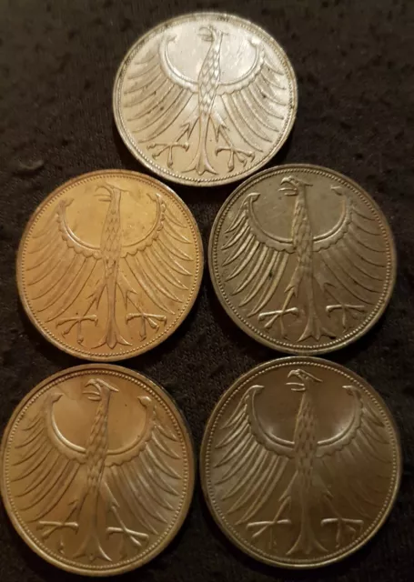 5 Top Silberadler 5DM Silber BRD 1951 F, 1957 F, 1964 F, 1966 G, 1973 D