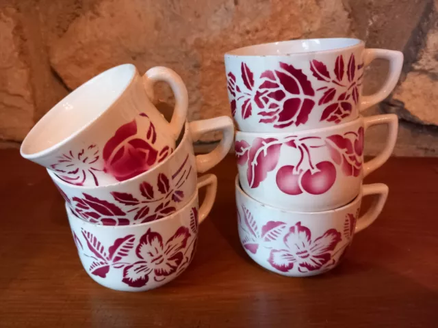 6 tasses à café Digoin St Amand tons bordeaux Vintage Cerises fleurs campagne
