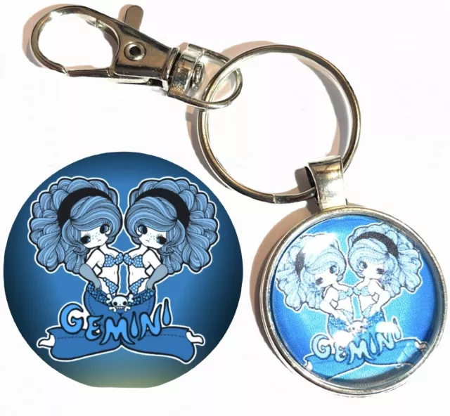 GEMINI Zodiac Star Sign Quality Cabochon Glass keyring Bag Charm Gift