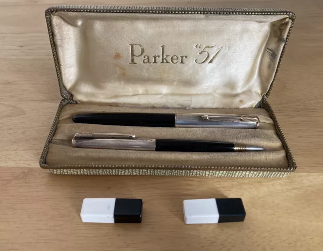 Parker 51 Fountain & Pencil Pen Set In Original Box Marked R Silver Vintage