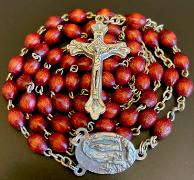 2008 Catholic Cocoa Wood 5 Decade Our Lady Lourdes Rosary Silver Tone Crucifix