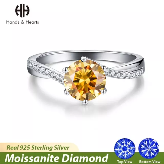 Luxury 1ct Gold Yellow Moissanite D Color Twisted Ring Women S925 Silver Jewelry