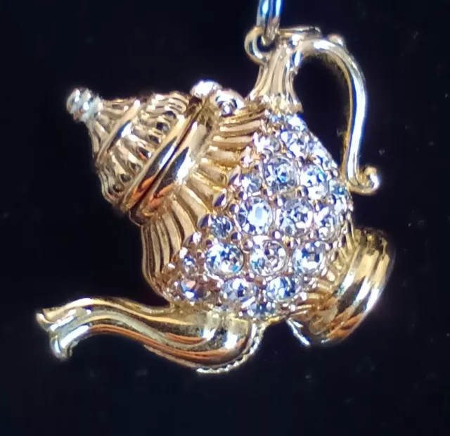 Swarovski Swan Signed Pavé Coffee Teapot Vtg 80s Crystal Charm 1" Original Chain