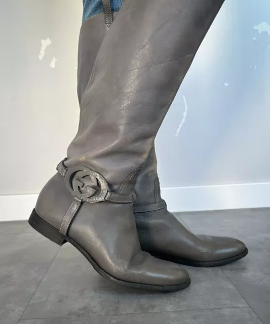 Vintage Womens GUCCI Boots Rising High Shoes GG Logo Grey Size 39 1/2