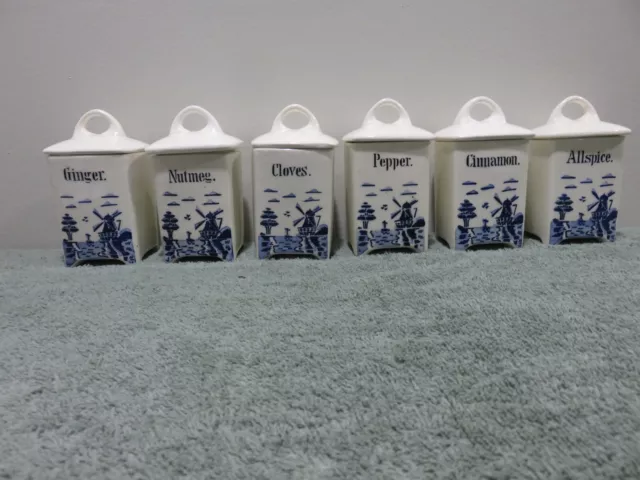 VINTAGE Blue White Dutch Delft Look GermanySpice Jars Windmill Set of 6
