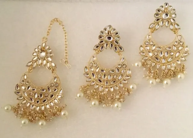 Pendientes de collar étnico de perlas Kundan indio Tikka Bollywood conjunto...