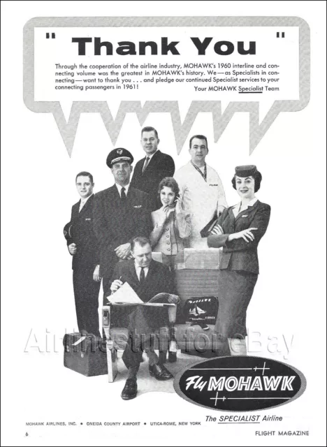 1961 MOHAWK Airlines STEWARDESS ad PILOT airways advert ONEIDA COUNTY AIRPORT