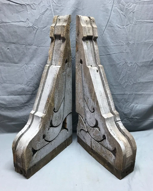 Pair Antique Wood Corbel Roof Gingerbread Brackets Shabby Gray Vintage 1569-22B