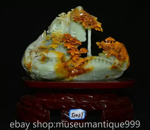 12.4" Chinese Natural Xiu Jade Carving Mountain Tree Deer bridge house Statue