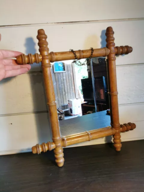 Joli Petit Miroir En Bois Tourné Imitation Bambou Barbier 1900 Ancien ( 1)