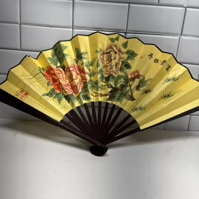 Small Yellow Peony Flower Bamboo Frame Oriental Hand Fan Folding Traditional