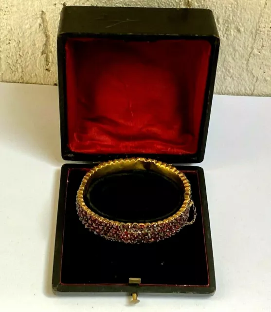 Vintage Victorian 4 Rows Gilded Garnet Bangle Vintage Bracelet & Box