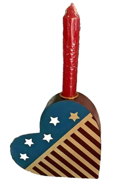 2 - RUSS Old Glory Heart Shaped Wooden Candle  Holder Americana New in Box