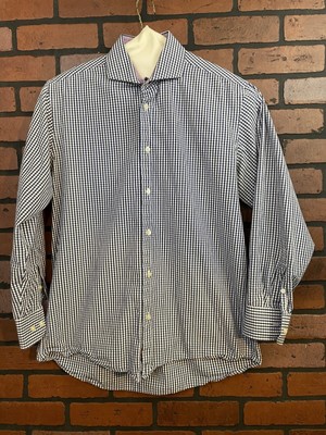 ISAAC MIZRAHI Mens Button Front Shirt Size 32/33 Blue & White Gingham Flip Cuff
