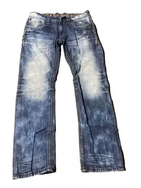 Rock Revival Jeans Mens 33x32 Flann Rlxd Straight Blue Distressed MISSING BUTTON