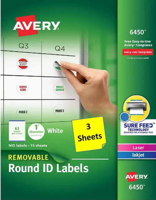 [3 Sheets] Avery 6450 Removable Round ID Labels 1" Diameter LASER/INKJET