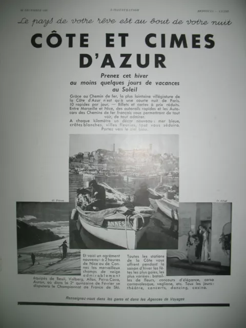 Publicite De Presse Cote Et Cimes D'azur Tourisme Voyages French Ad 1937
