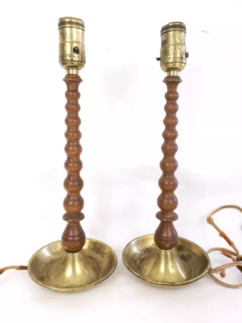 Pair Of Hand Turned Antique Mid Century Wood Lamp Brass 14" VTG Lights