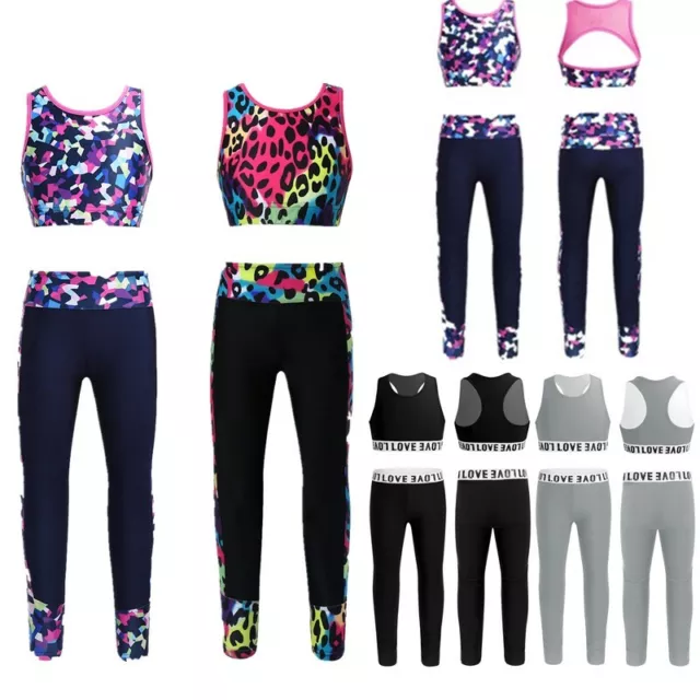 Girls Athletic Sports Outfits Gym Ballet Crop Tops+Leggings Set Sleeveless Wear