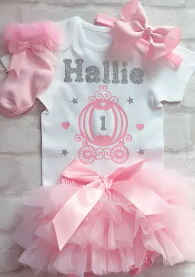 Personalised Princess Carriage Baby Girls 1st Birthday Tutu Knickers Outfit Pink