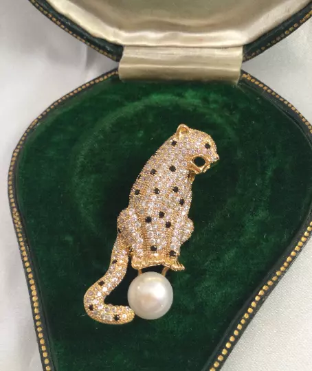 Vintage Jewellery Leopard Panther Gold Brooch Pin Pearl Antique Deco Jewelry 2