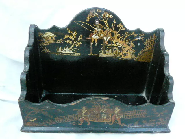 Antique Chinese Lacquer Ware Oriental Letter Rack Desk Tidy Vintage Gold